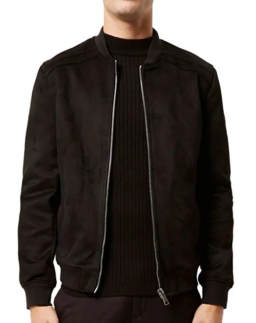 Black Faux Suede Leather Varsity Bomber Jacket