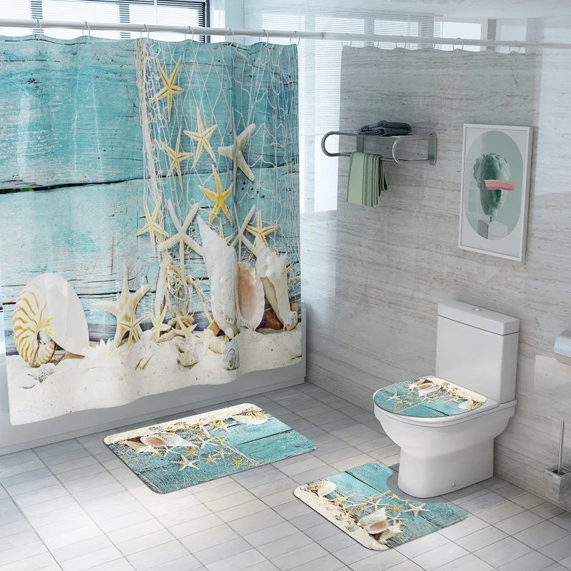 Polyester Shower Curtain Lid Toilet Cover Bath Mat Rug with Hooks Bathroom Accessory Sets 180x180cm