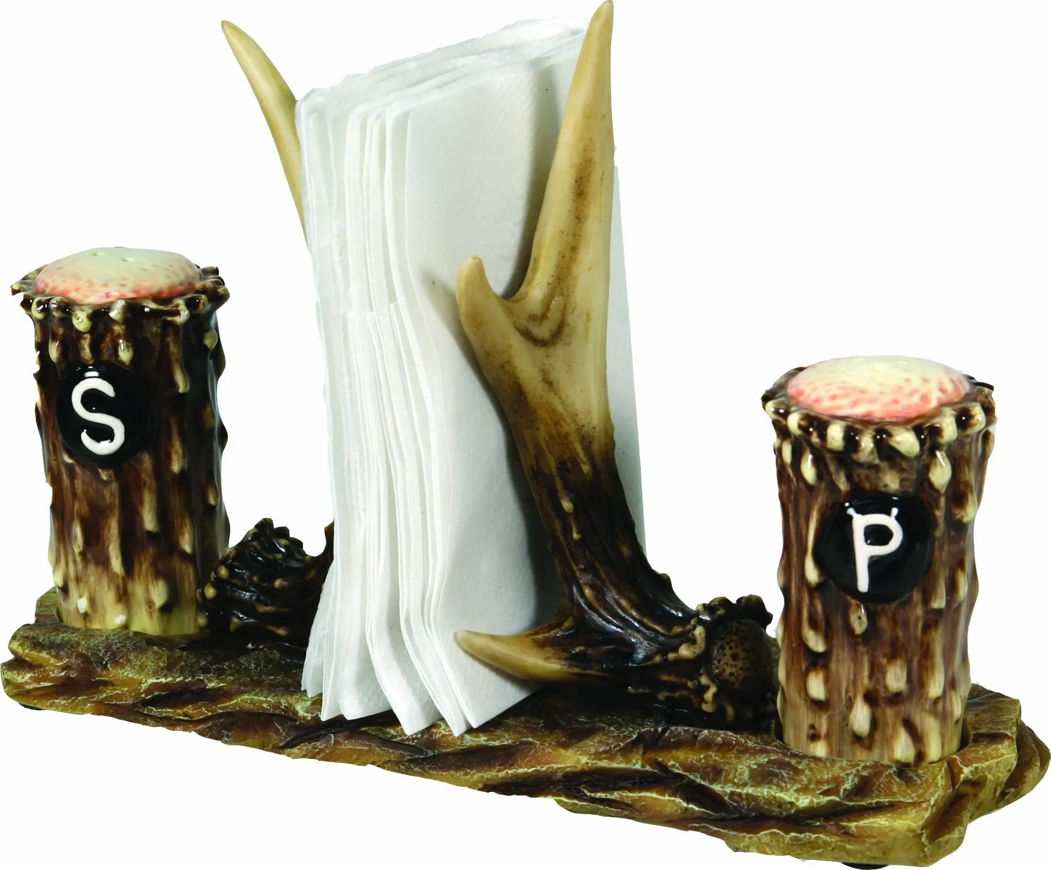 River's Edge 520 Hand Painted Poly Resin Antler Salt and Pepper Shaker with Napkin Holder