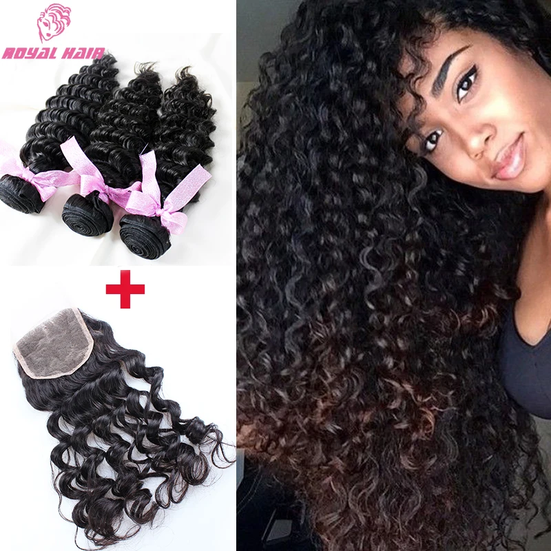 3 Bundles with closure Brazilian Deep Wave With Closure 7a Brazilian virgin hair with closure human