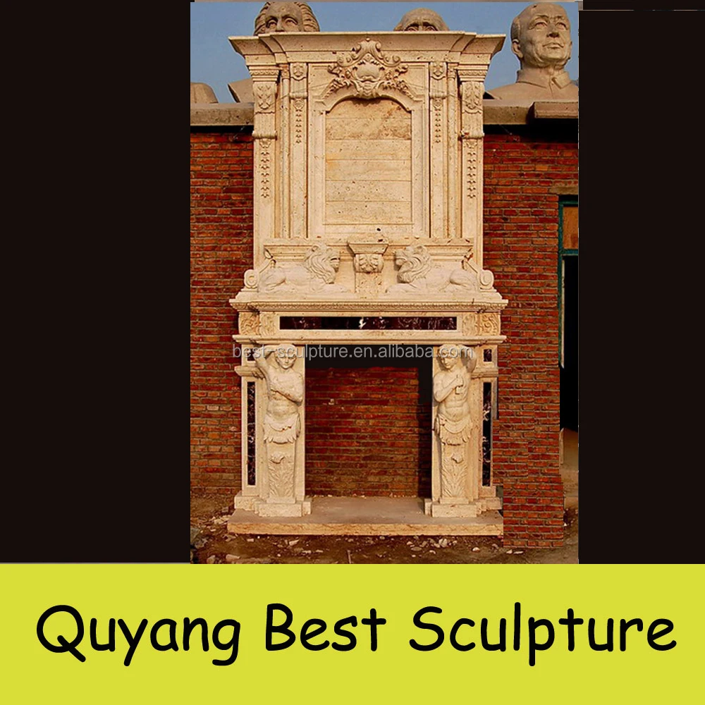Double Layer Large Marble Fireplace Mantel With Lion Statue