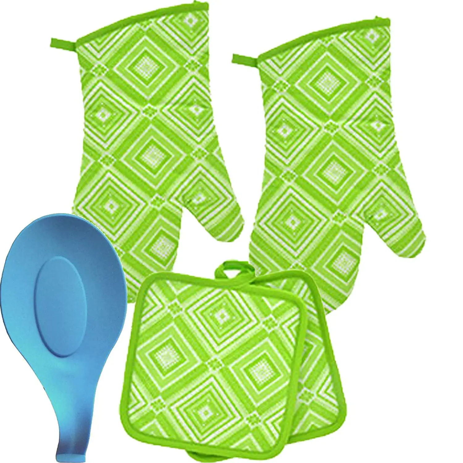 Dublin's Treasure Isle Kitchen Oven Mitt Pot Holder Set Kitchen Linens Oven Mitt Pot Holder Pack with Silicone Spoon Rest (Green and White)