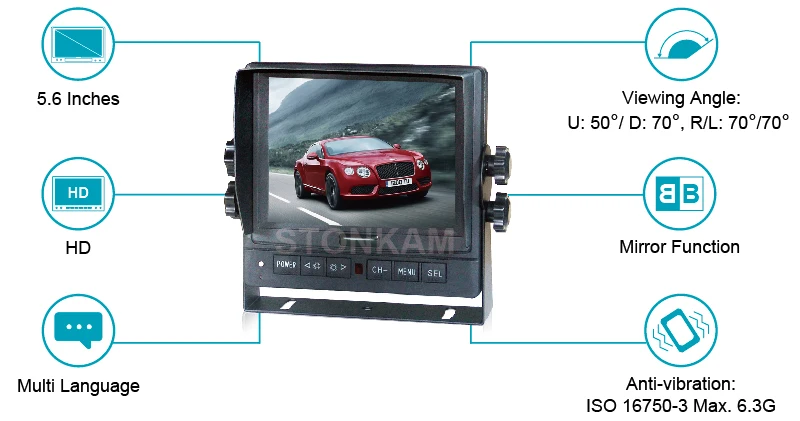 HD 5.6 inch TFT LCD color monitor for car  with 4 cameras input