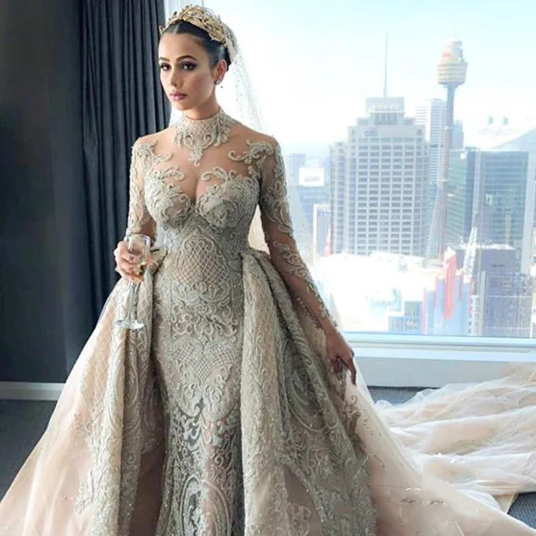 Luweiya Detachable Train Long Sleeve Appliqued Two One Convertible 21 Lace Wedding Dress Buy Detachable Wedding Dress Wedding Dress Mermaid Robe De Mariage Product On Alibaba Com