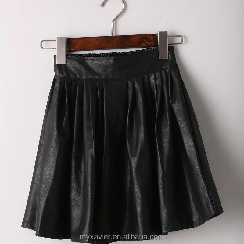 2015 spring autumn new simple girls black pleated elastic waist leather mini skirt