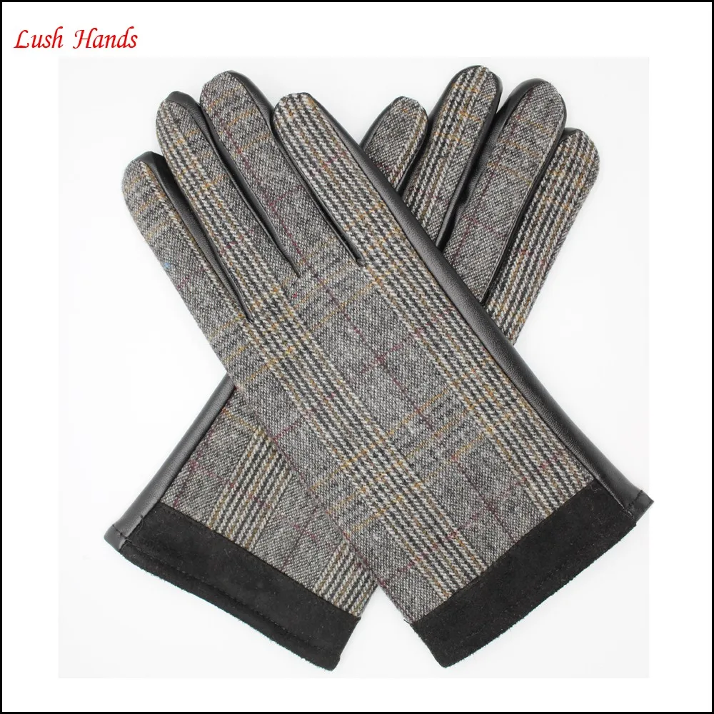 fashion women 's grey fabric and plam PU leather and pigsuede gloves