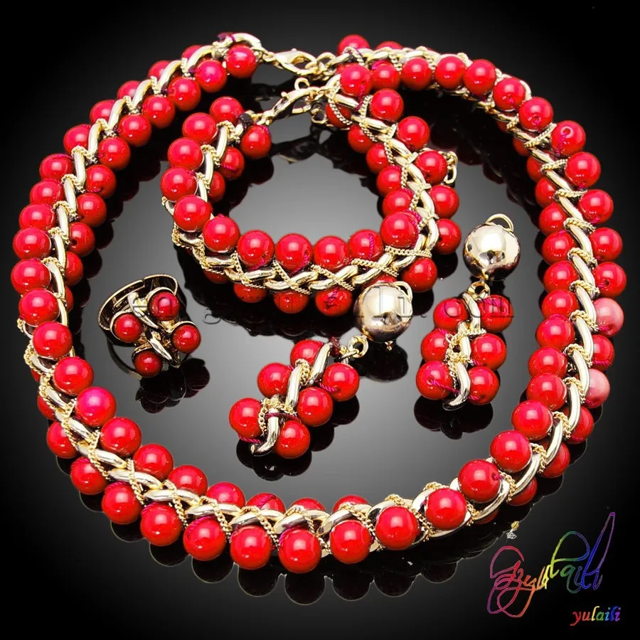 Imitación pearl jewelry sets red beads necklace sets pesado collar de perlas conjunto