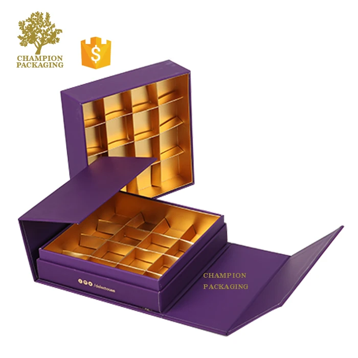 Popular Purple Color Empty Chocolates Truffle Boxes,Custom Printed Gold