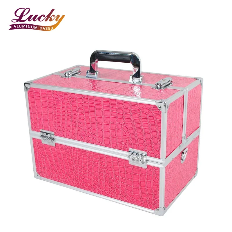 Light Pink Caboodle Makeup Case With Leather Handle Drawers Lighting Stand Professional