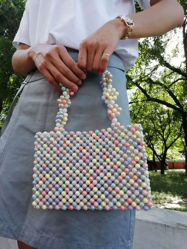 Ladies Handmade Acrylic Handbag Pearl Bags Weave Purse Beaded Wedding Clutch Bag 