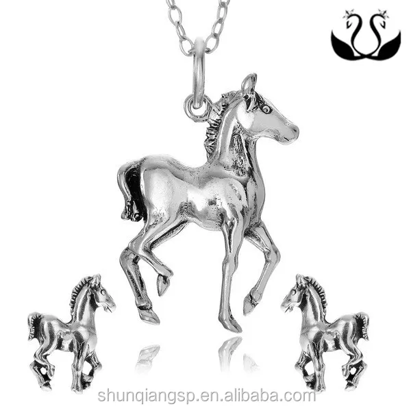 Pendentif en Argent Argent Coloré Boucles D/'oreille Collier un ensemble émail cheval Bijoux