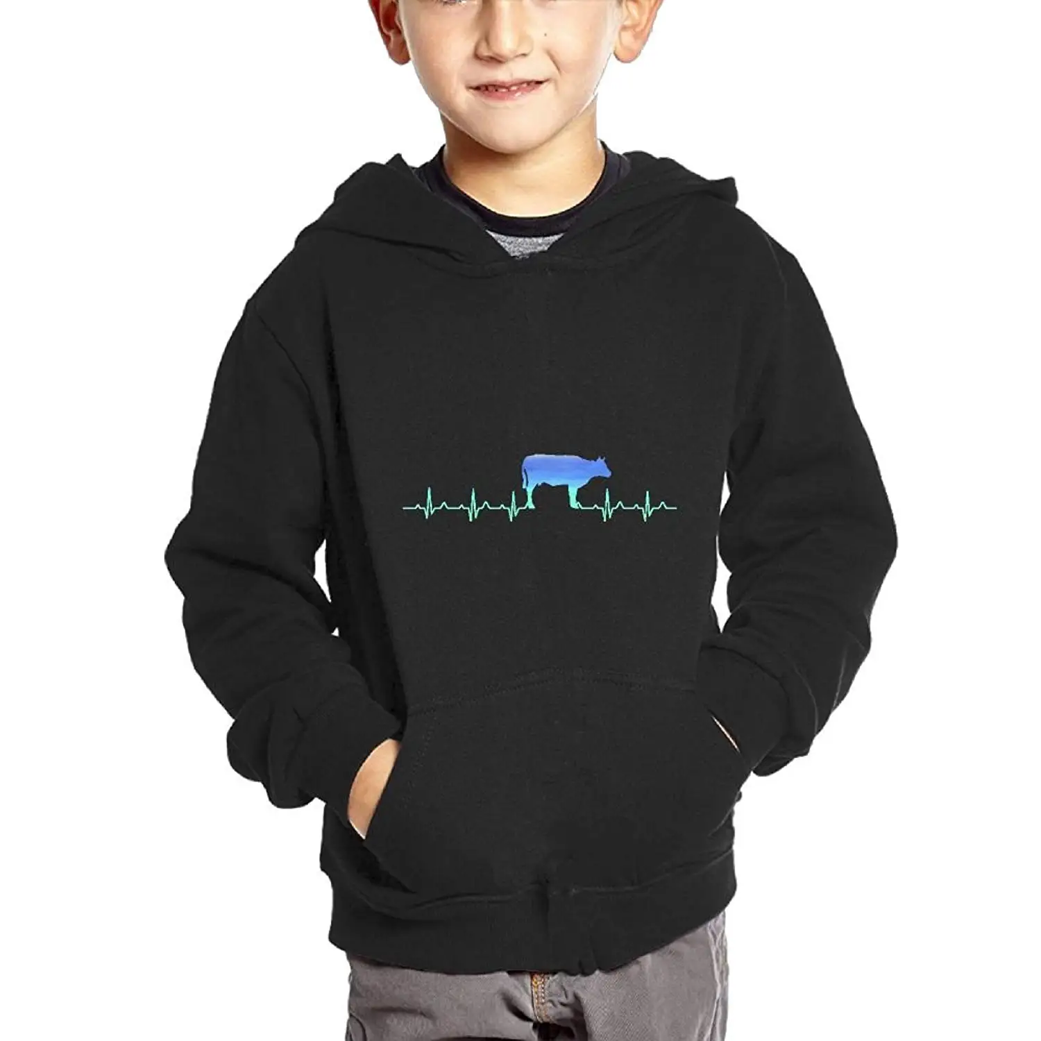 SKO8S Hoodies Heartbeat Cow Neon Kids Pullover Hoodies Long Sleeve Sweatshirt With Big Pockets