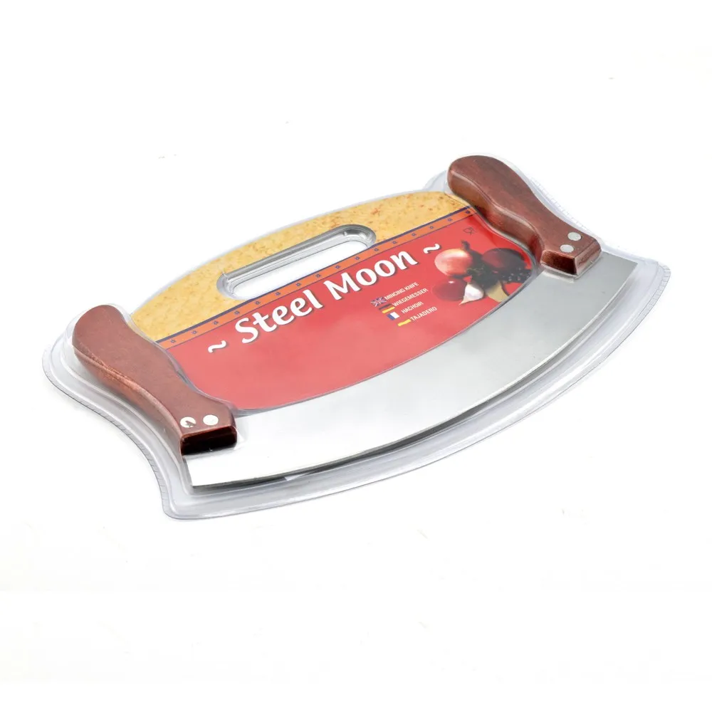 Pizza Cutter Rocker Knife With Stainless Steel Mezzaluna Blade & Wooden