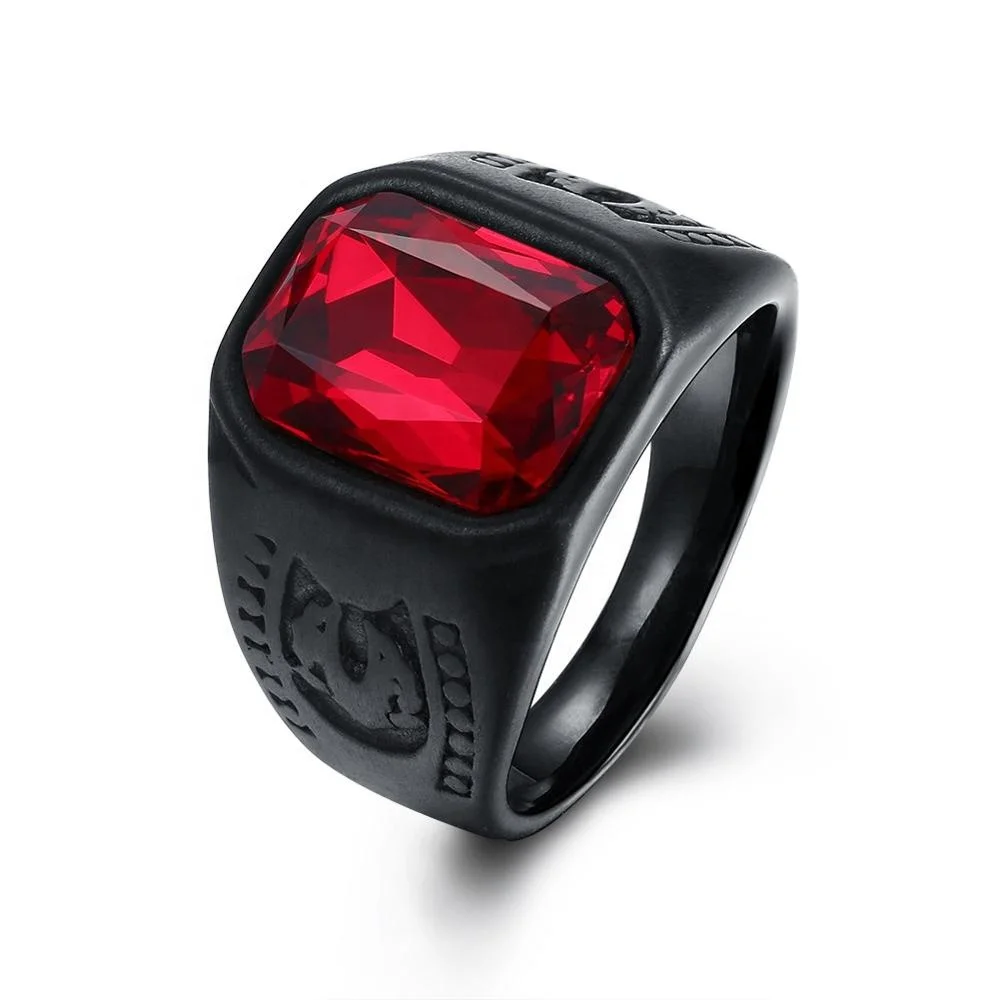 Black Titanium Steel Ring with Red Stone Special Pattern Jewelry Accessories Wholesale