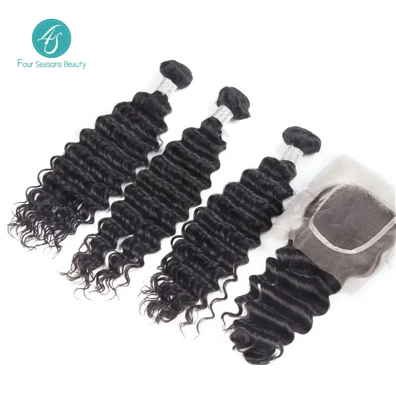 6A Brazilian Virgin Hair Curly Deep Wave Hair With Closure 3 Bundles Human Hair with Deep