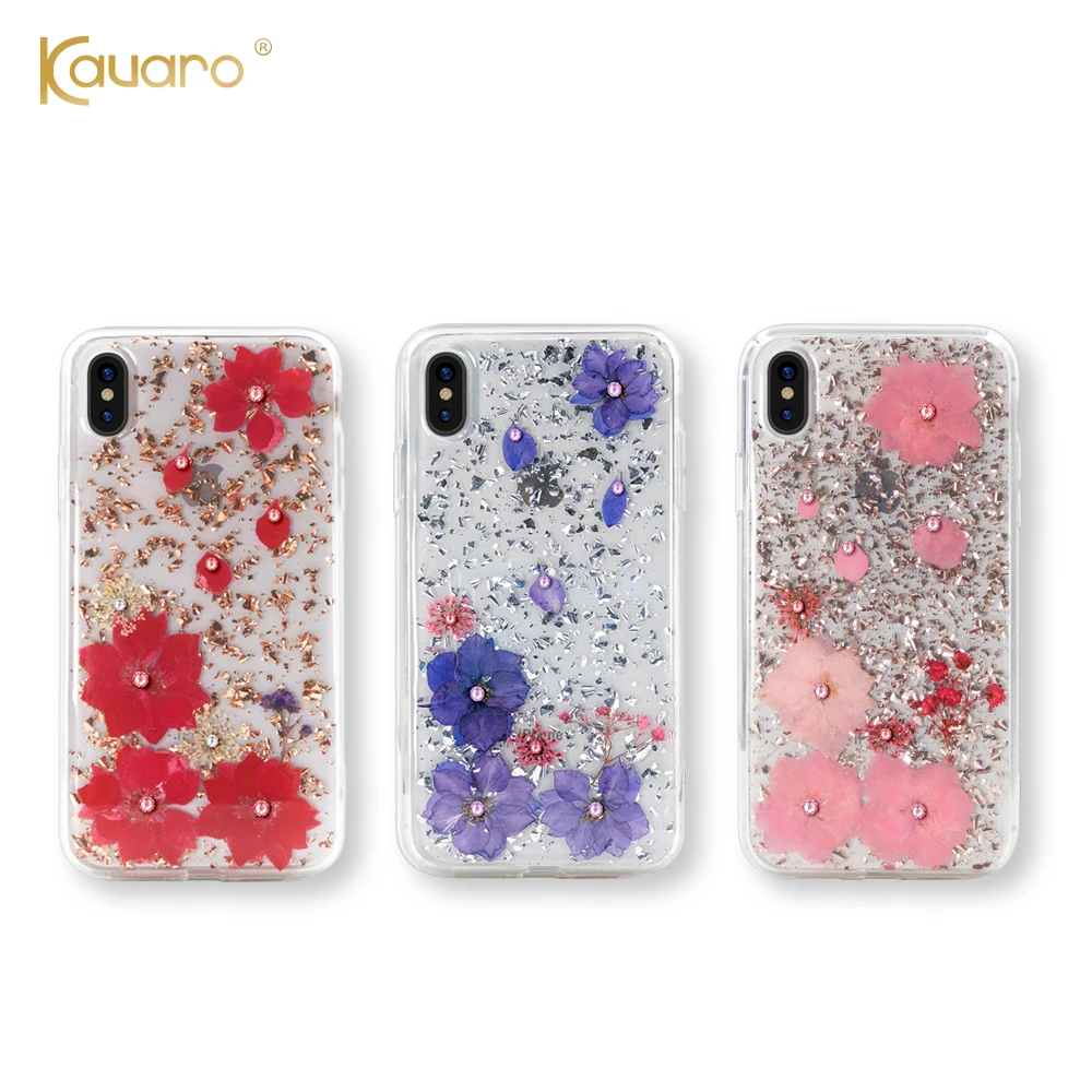 Kavaro Swarovski Crystals Luxury Bling Glitter Real Flower Cell Phone Mobile Cover Hard Phone Case for iPhone X/XS/XR/XS Max