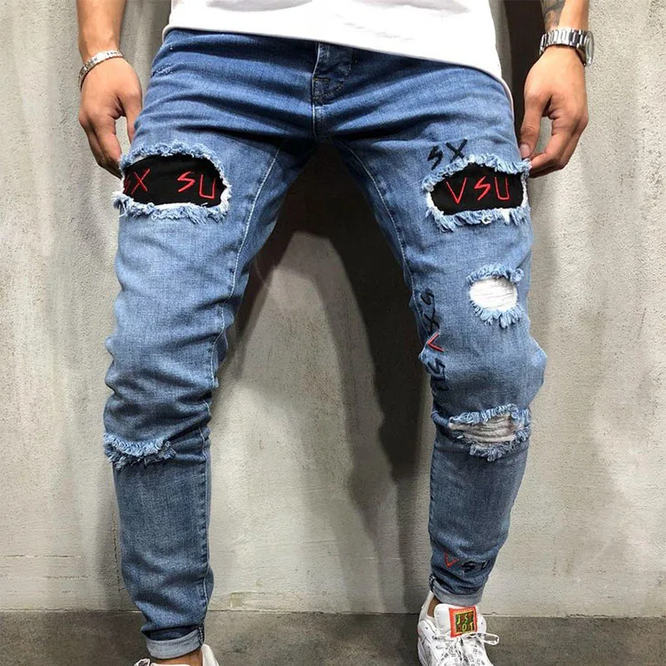 Latest Design High Quality Ripped Alphabet Jeans With Embroidered ...