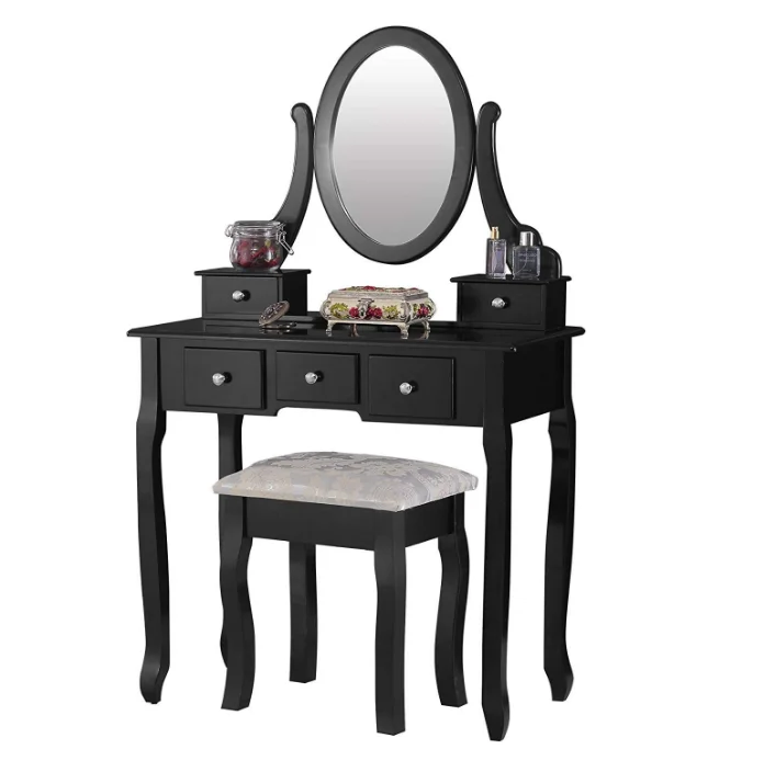 vanity table oval mirror,makeup vanity set cushioned stool wood