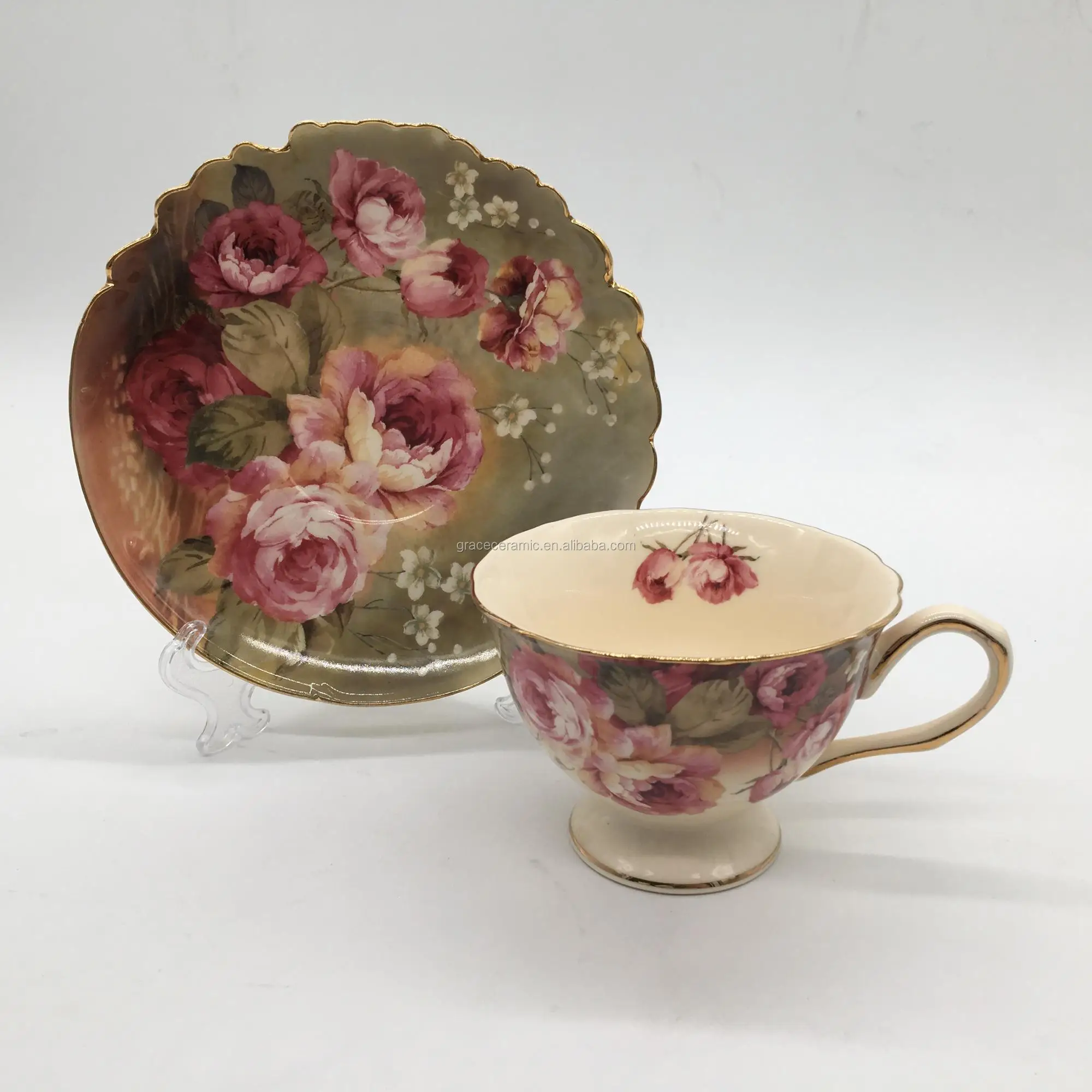 Antique Floral Gold Rim Porcelain 220cc Tea Cup And Saucer Set For Sale