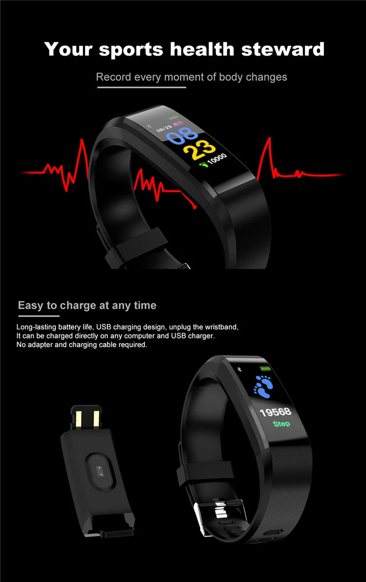 HOT Sale 115plus smartwatch Heart Rate Monitor Pedometer Fitness Tracker watch band smart bracelet 115plus