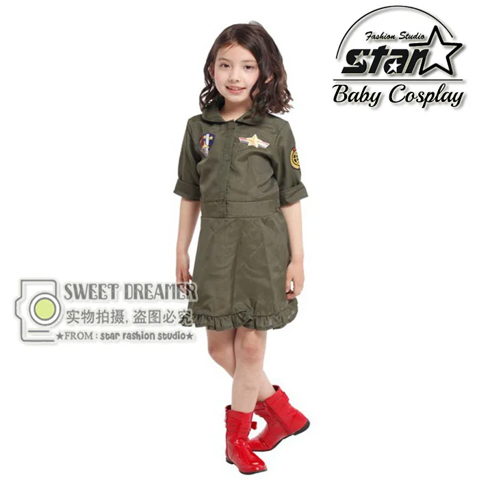 Carnival font b Children b font Kid Cool Girls Pilot Military Air Force Captain Green Cosplay