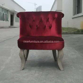 French Style Distressed Wood Leg Antique Red Velvet Tub Chair