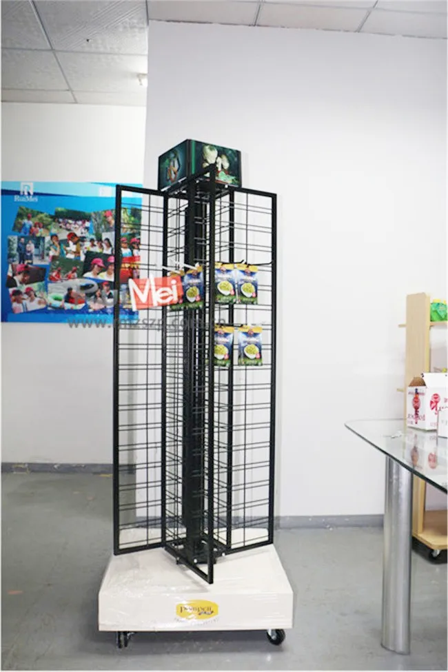 Mdf Base Rotating Four Sides Metal Grid Display Rack With Wheels Buy
