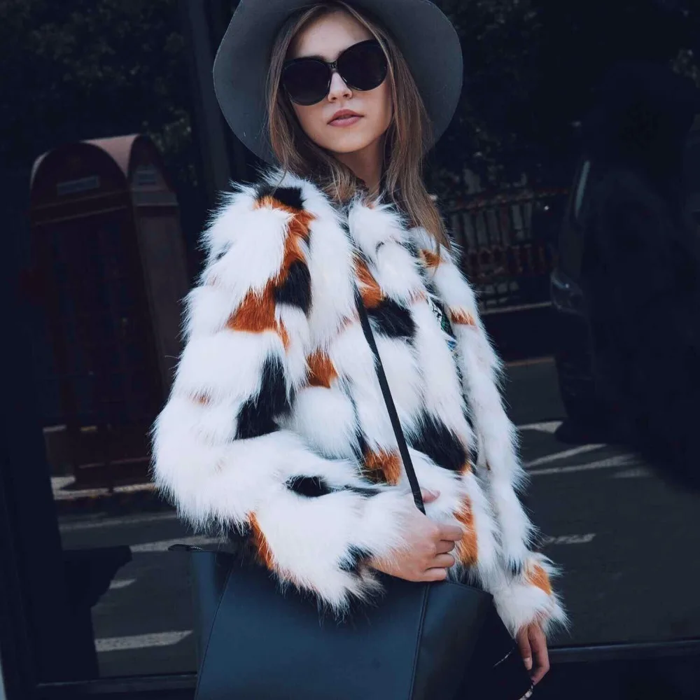 Mixed color imitation leather coat lady long sleeve elegant autumn winter imitation leather jacket fur coat