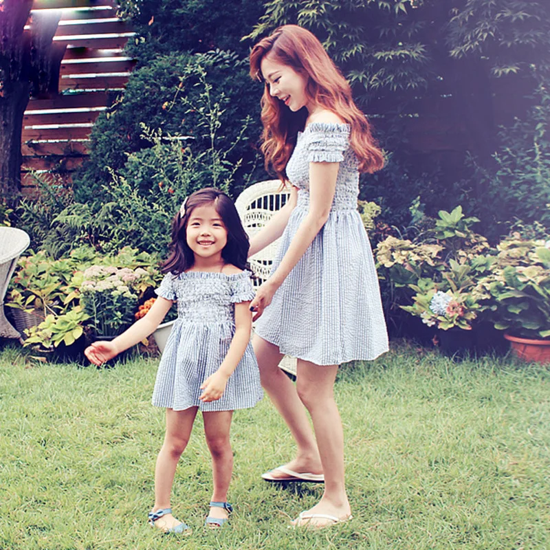Mother Daughter Dresses 2016 Summer New Fashion Casual Girls Collar Strapless Dress Mother and Daughter Clothes