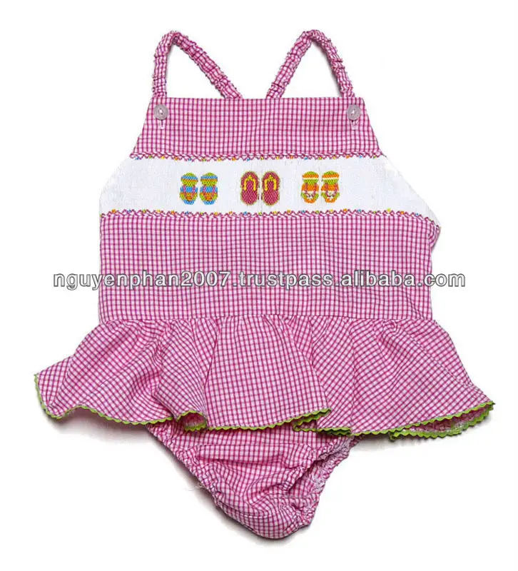 Girls Hot Pink Gingham Ruffled Swimsuit Smocked Flip Flops Buy Baby