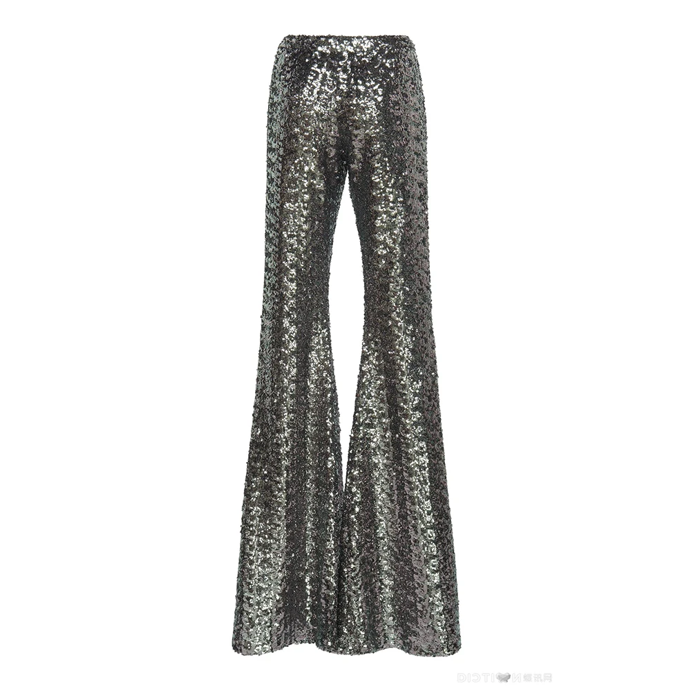 Women Wear Casual Sequin Embroidered Flared Hemline Long Pant High ...