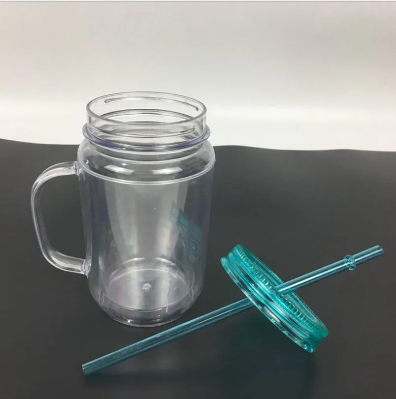Custom Color Double Wall Plastic Juice Mason Jars With Handles And
