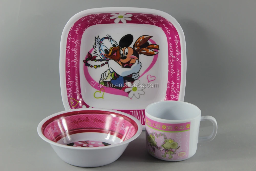 3pc Melamine Dinner Set For Kids/Square Plate,Bowl,Cup