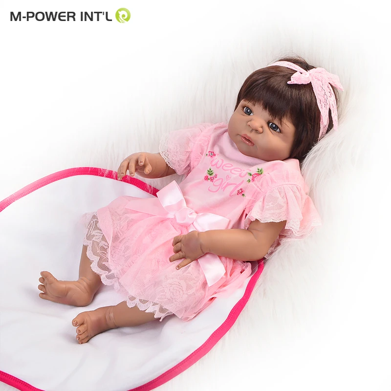 22/" Biracial Reborn Toddler Dolls Drak Skin with Pink Dress Xmas Gift for Girl