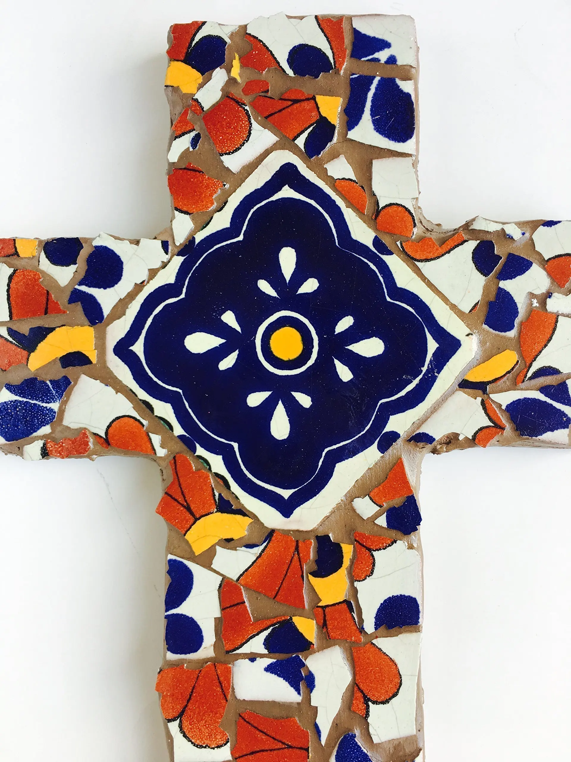 Mexican Tile Talavera Mosaic Wall Cross 9 inch X 6 inch Blue Red White and Yellow Mexican Ceramic tile,