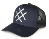 Navy blue 5 panel mesh style metallic silver 3D embroidery trucker hat