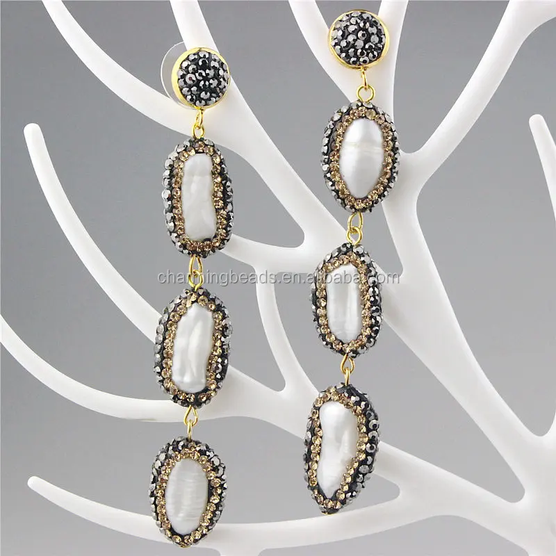 CH-ZSE0408 wholesale pave crystal connector pendant stud earring handmade,fashion stone jewelry pearl dangle earring hot sale