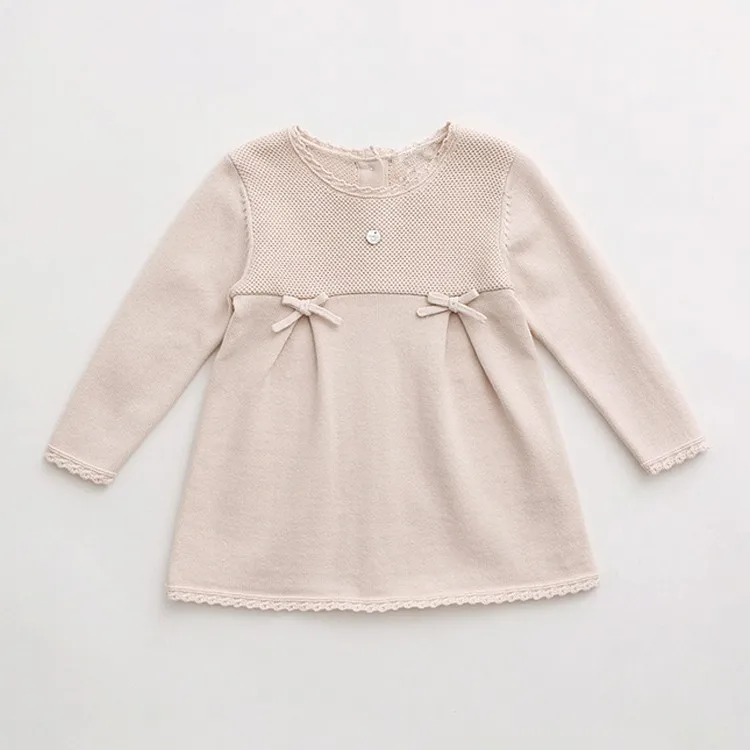 Manufacturer Custom Cute Long Sleeve Bow Baby Girls Knitted Autumn Sweater Dress Girls Dresses