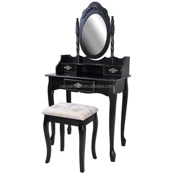 Black French Style Dressing Table With Oval Mirror Wooden Black French Style Dressing Table With Oval Mirror