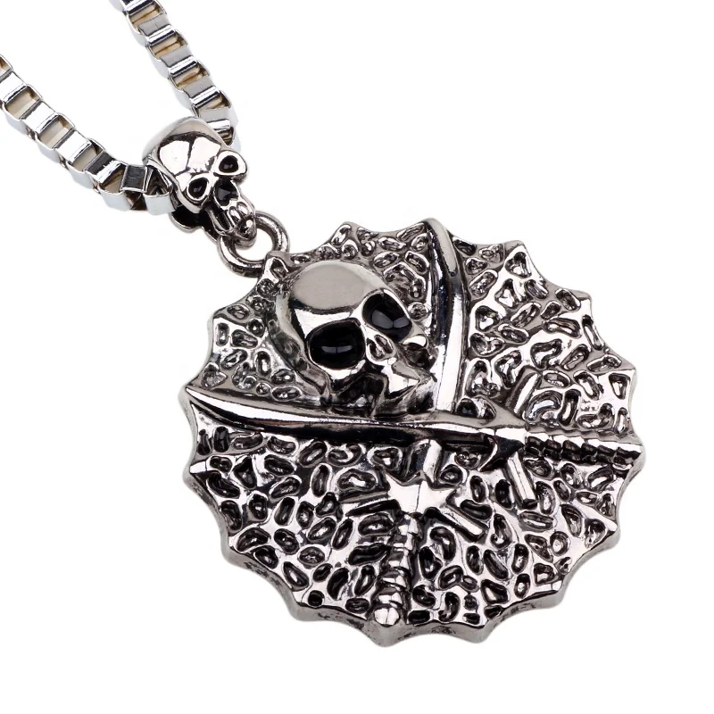 Mens Fashion Metal Alloy Round Shape Swords Skull Head Pendant Necklace ...