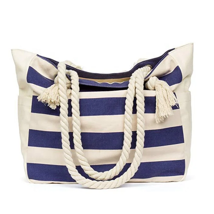 Custom Printed Summer Rope Handle Striped Canvas Beach Tote Bag - Buy ...