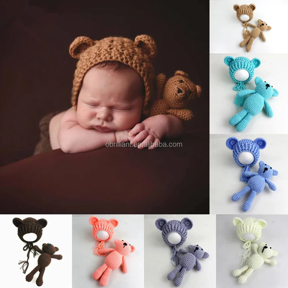 Newborn Baby Girl Boy Photography Prop Photo Crochet Knit Costume Bear Hat Set 