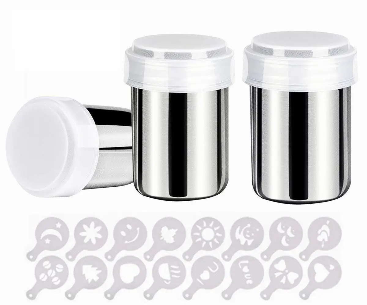 2 Packs Stainless Steel Powder Shakers Mesh Shaker Powder Cans with 2 Packs Coffee Measuring Spoons and 16 Pieces Printing Molds Stencils