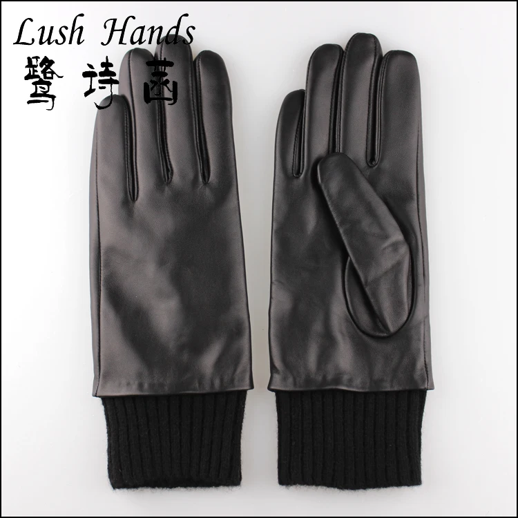 women fashion knitted cuff warm black hand leather gloves