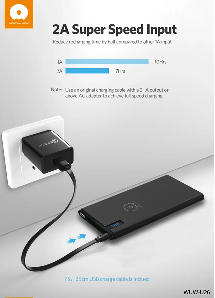 WUW accepted OEM Slim Portable External power bank 10000mah with 1 year warranty