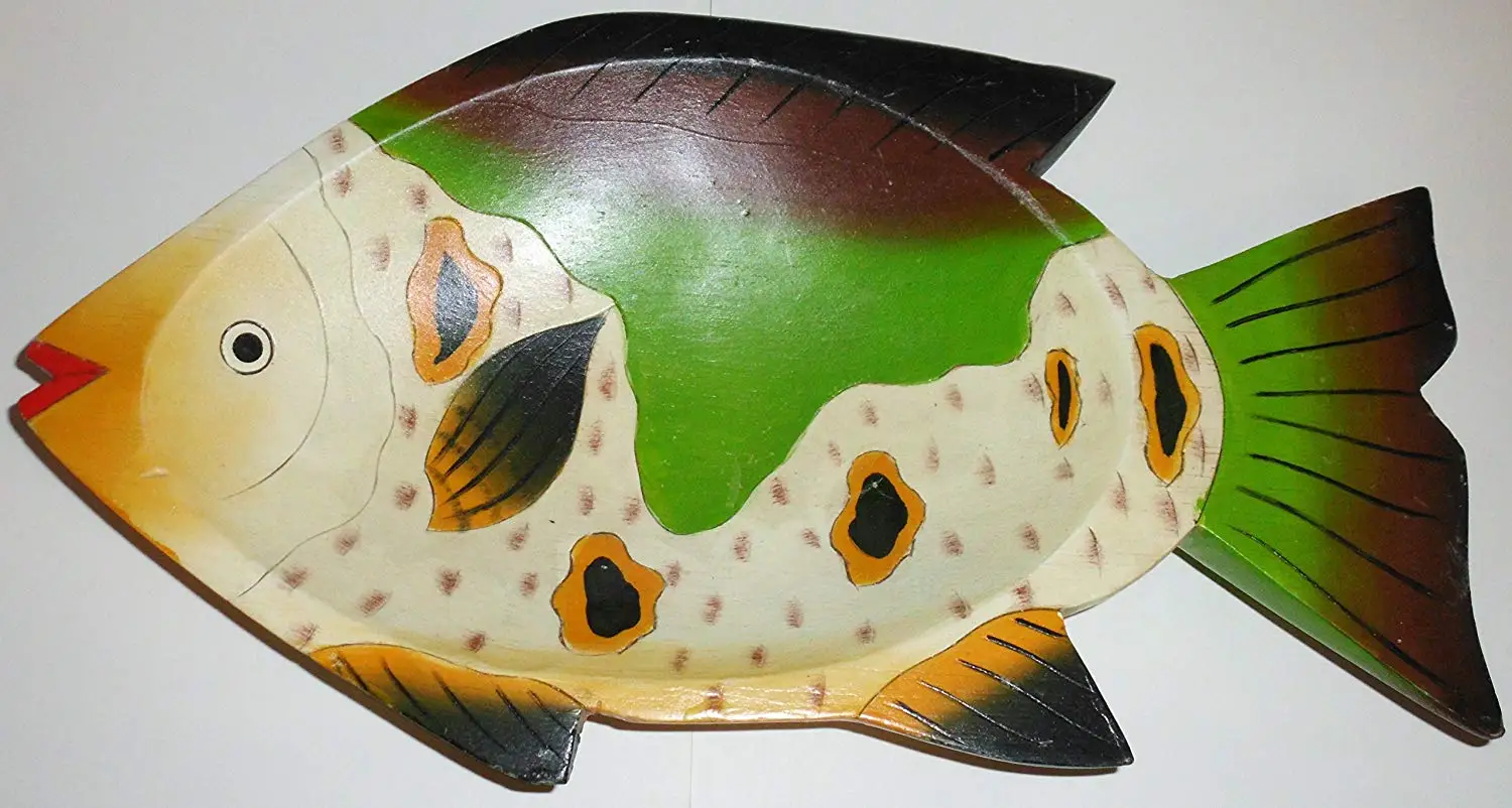 BALSA WOOD BOWL - FISH - GREEN / BROWN / GOLD WHITE / RED - PICH0006 - 8" X 15" - 1960's