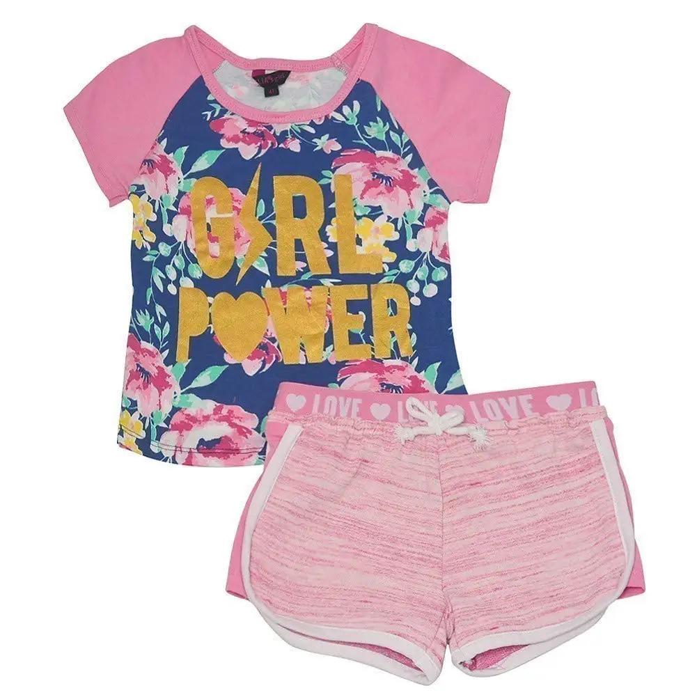 Little Girls Red Floral Print Off-Shoulder Top 2 Pc Shorts Outfit 2T-6X