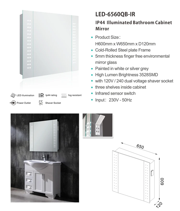 IP44 Illuminated bathroom LED mirror cabinet with IR sensor