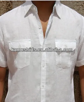 Mens White Linen Short Sleeve Linen Shirts Two Pockets Casual Shirt ...