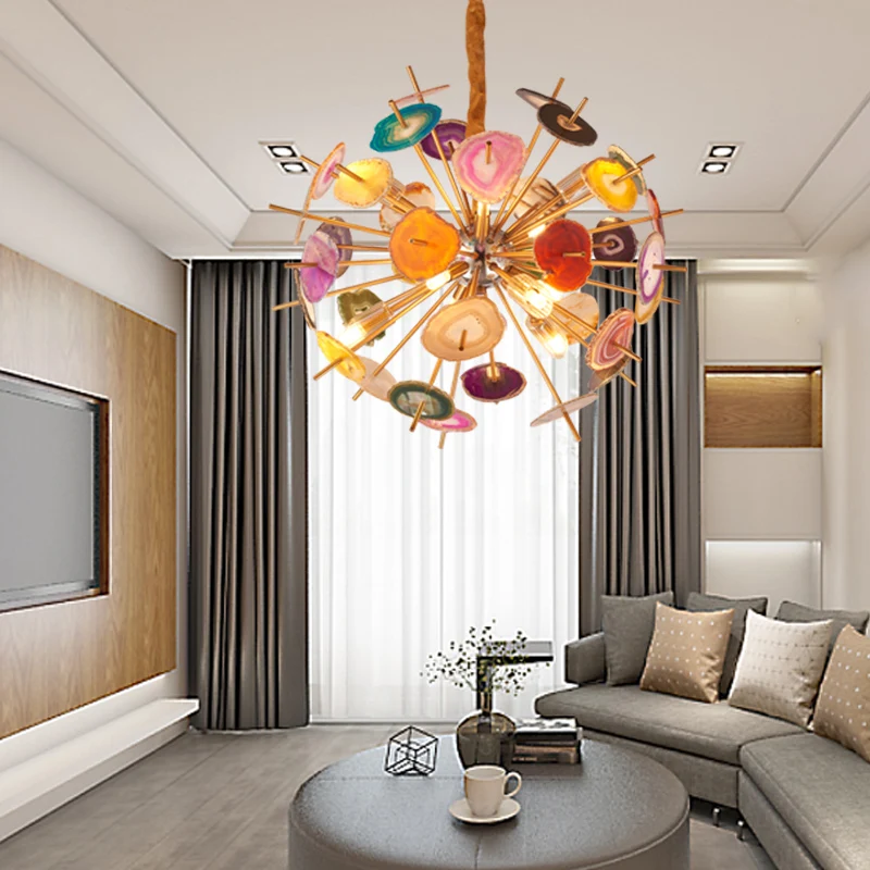 hot sale unique design Colorful Agate Stone round natural ball brass G9 LED Light chandelier